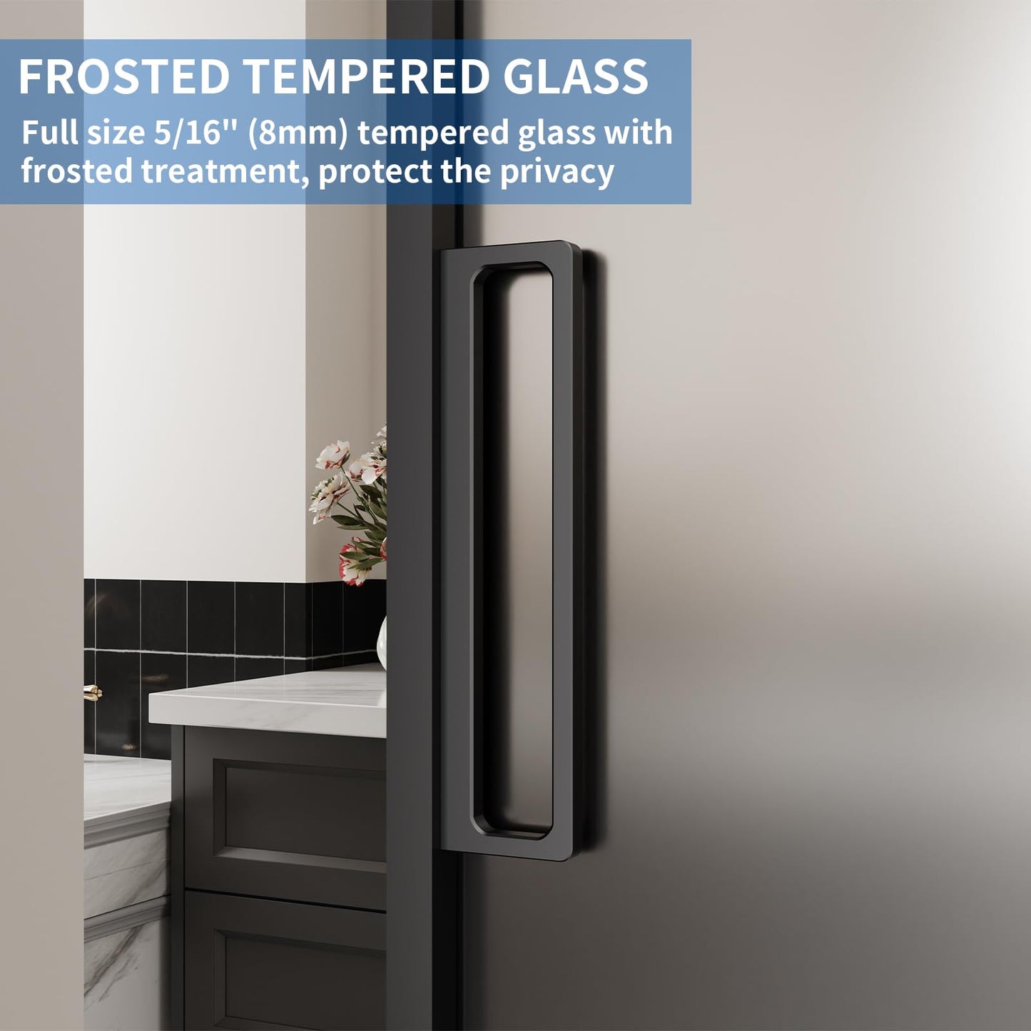 40" x 87" Frosted Glass Barn Door, Concealed Sliding Barn Door with Soft Close, Waterproof Modern Sliding Door for Bathroom/Kitchen Privacy, 5/16"(8mm) Tempered Glass, Fits 28"-36"W x 72"-85"H, Black