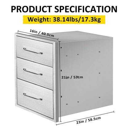 SGOLAN Outdoor Kitchen Drawers 16" W x 21" H x 23" D Flush Mount Triple BBQ Drawers with Chrome Handle Stainless Steel Drawer for Outdoor Kitchen Island, Patio Grill Station