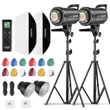 Godox 2Pack SL60W Studio LED Video Light Kit for Photography,60W Continuous Lighting Set,5600K Bowens Mount Flash Light with Softbox,Remote Control,Stands for Video Recording,Product Portrait Shooting