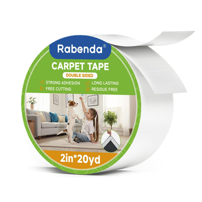 Rabenda Double Sided Carpet Tape - 2 Inch x 20 Yards Removable Rug Tape for Hardwood Floors, Tile & Laminate - No Residue Strong Hold Anti Slip Gripper for Area Rugs, Mats & Carpets