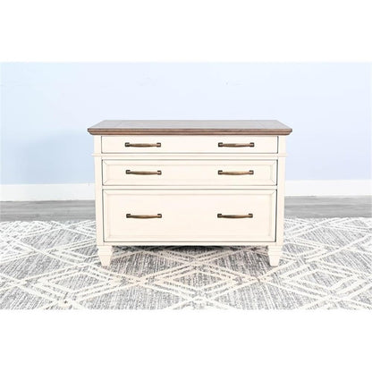 Pemberly Row Solid Wood Lateral File Cabinet, Two-Tone White and Brown Finish, Traditional 3-Drawer Design, Durable Office Storage, Contemporary Style for Home or Office