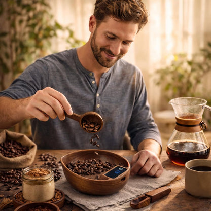 Luviora Coffee Scale with Spoon – 0.1g Precision Walnut Wood Digital Coffee Bean Scale, USB-C Rechargeable Espresso Scale for Pour Over, Drip & Kitchen Use, Minimalist Design