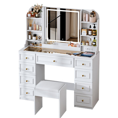 Arulvmrn 43" Makeup Vanity Desk with Mirror and Lights, & Power Outl, Glass Top Big Vanity Table with 9 Drawers& 8 Storage Shelves, Dressing Table Set with Chair for Bedroom, White
