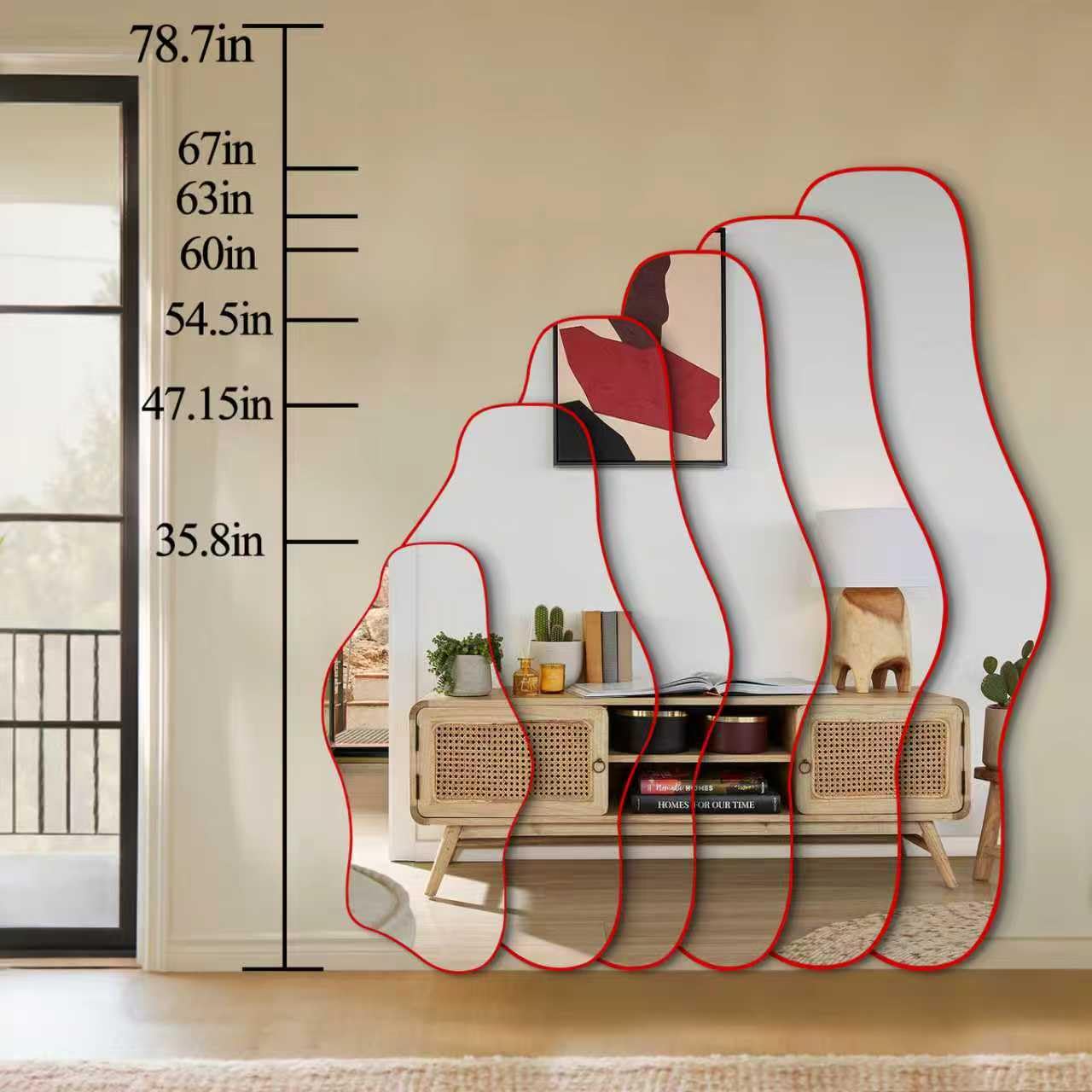 DAOYIJIAJU Irregular Mirror Full Length, 67"x31" Red Asymmetrical Tempered Glass Mirror, Large Organic Frameless Wall Mirrors for Living Room Bedroom Hallway Entryway, Horizontal or Vertical Hanging