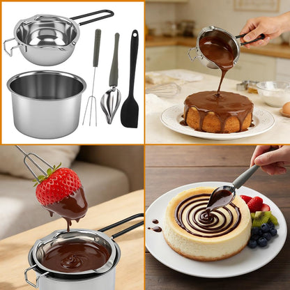 Stainless Steel Double Boiler Melting Pot (600/1600ML) & Silicone Scraper,Tridented Tool,Chocolate Spoon,Large Capacity Chocolate Melting Pot for Butter Candy Butter Cheese Making