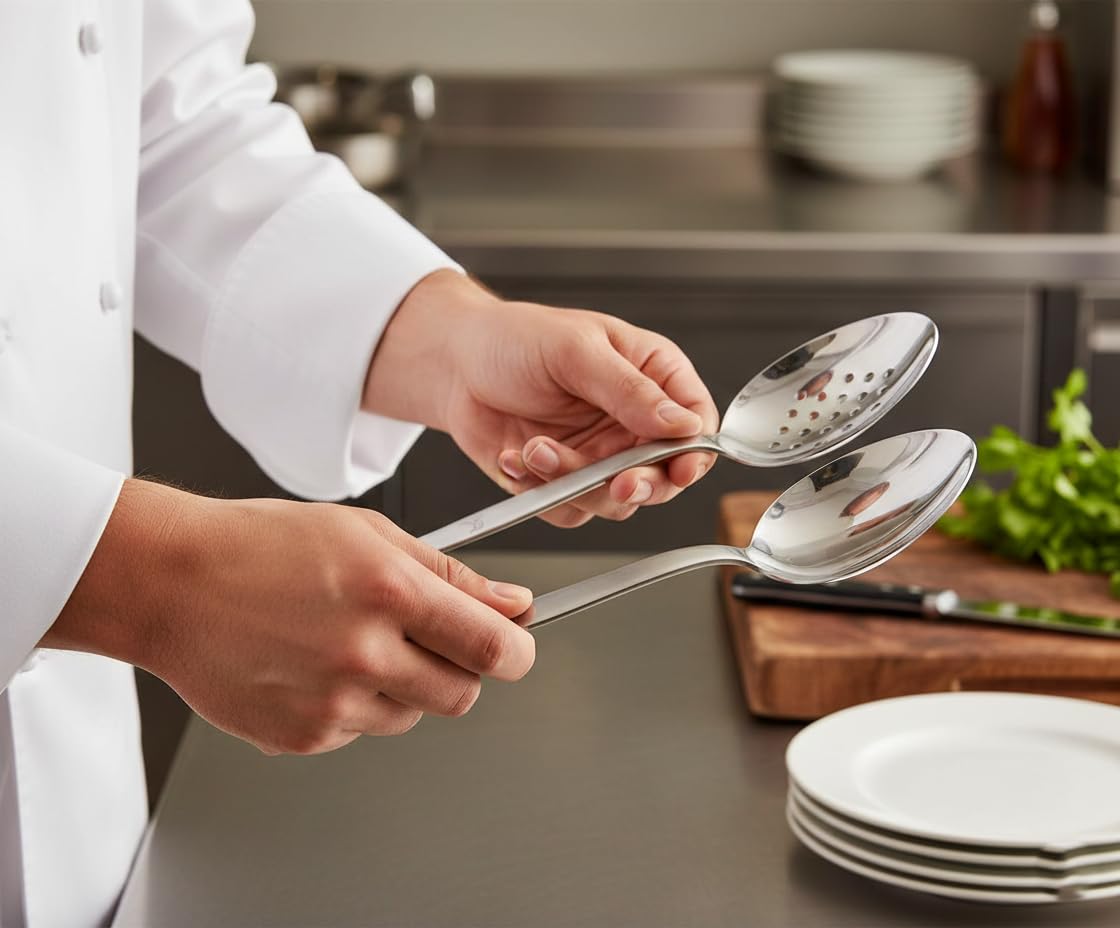 BNAZIND Kunz Perforated and Regular Set | Pack of 2 | 9 Inch 18/10 Stainless Steel Cooking Serving Spoon | Daily Chef, Basting, Quenelle, Saucing, Plating Spoon | Dishwasher safe