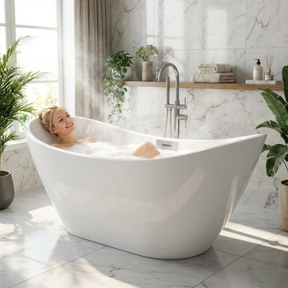 59" Acrylic Freestanding Bathtub with Chrome Drain Kit, Contemporary Square Soaking Tub with Overflow and Flexible PVC Drain Pipe, Double-Walled Insulation, CUPC Certified, Glossy White Finish