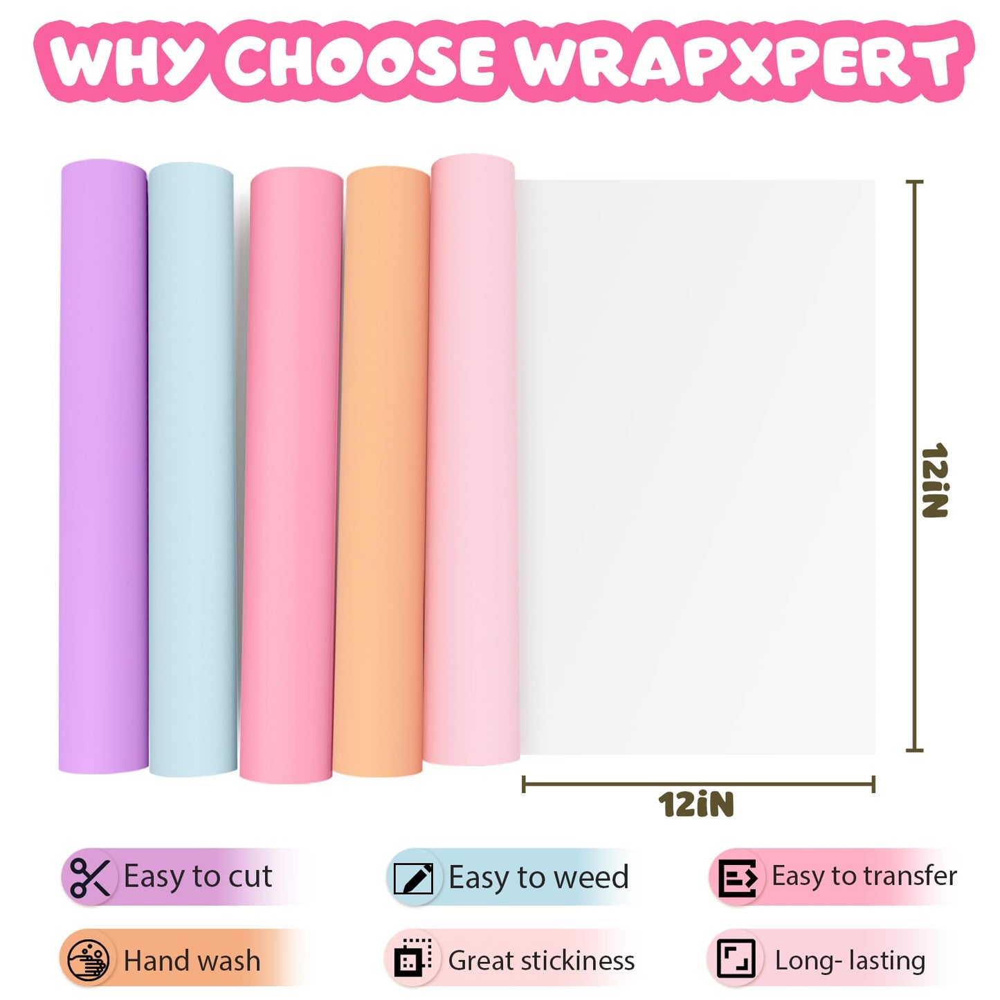 WRAPXPERT Pastel Vinyl Permanent - 12 Sheets Bundle 12"x12" Matte Boho Craft Vinyl Sheets Pastel Colors Adhesive Vinyl Craft Cutters DIY Projects for Cricut Silhouette Cameo
