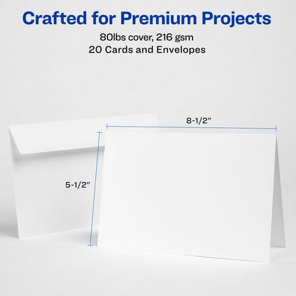 Avery Printable Half-Fold Greeting Cards, Envelopes Included, 5.5" x 8.5", Matte White, Inkjet Printer Compatible, 20 Blank Cards Total, Great for Product Branding, Marketing, and More (3265)