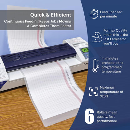 Formax FlashGuard 18R6 Laminator; 1500W; 110-120V, 50/60Hz; 15A; 18" Infeed; Heavy-Duty 6 Roller System; All-Metal Construction; Graphics-Based LCD Screen; Variable Temperature and Speed