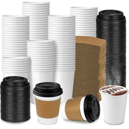 Ginkgo 100-Pack 8 oz Thickened Disposable Coffee Cups with Lids and Sleeves, To Go Cups for Hot Beverages, Perfect for Hot Coffee, Cocoa, and Chocolate