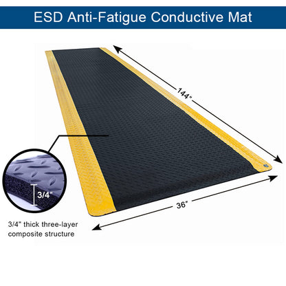 3' x 12' ESD Anti-Fatigue Conductive Mat, Durable Heavy Duty Diamond Plate, Soft Sponge Ergonomic Mat, Non Slip Waterproof Floor Mats for Commercial&Industrial Work Thick 3/4” Black with Yellow Border