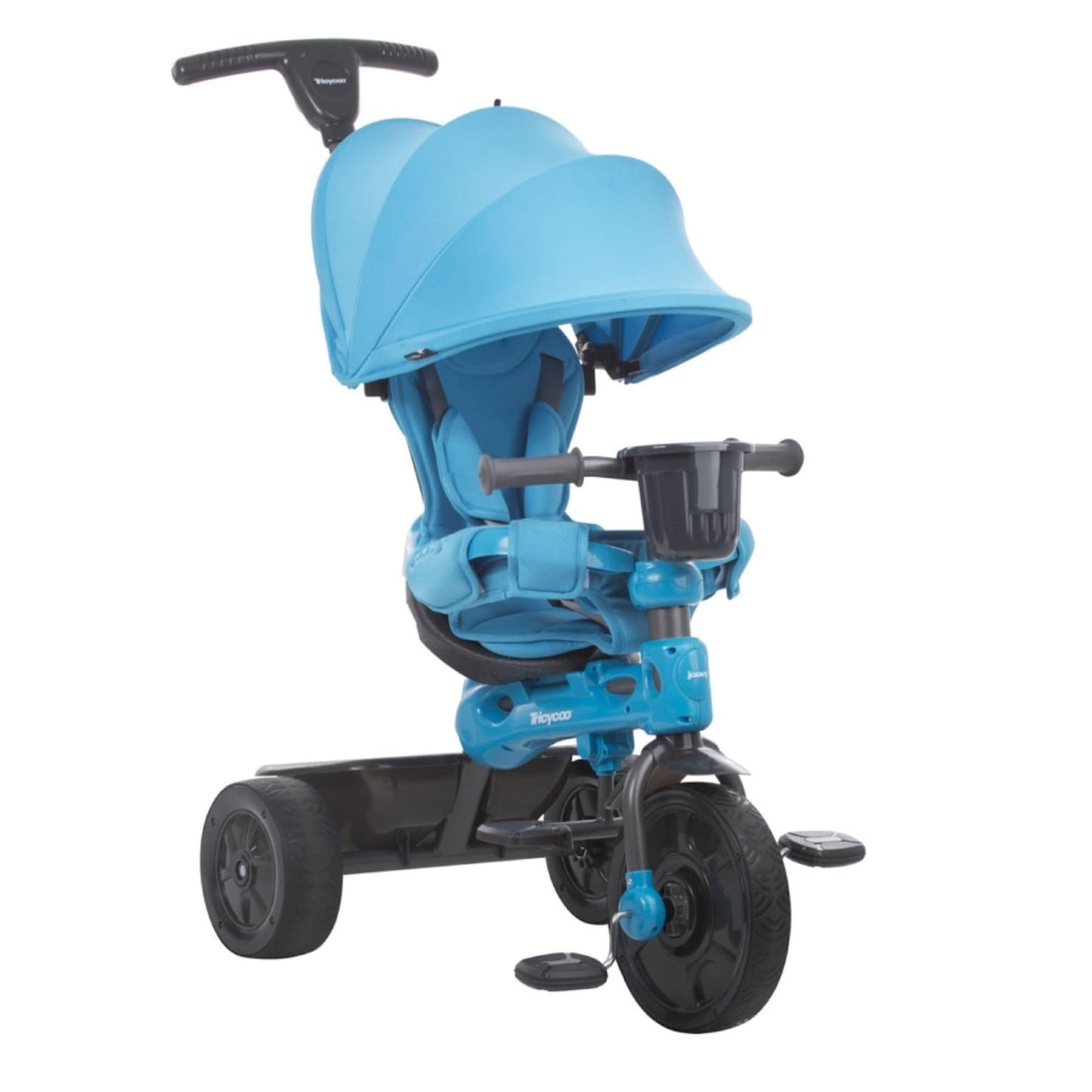 Joovy Tricycoo 4.1 Kids Tricycle with 4-Stages Featuring Extra-Wide Front Tire, Removable and Adjustable Parent Handle, Safety Harness, Machine-Washable Seat Pad, and Retractable Canopy (Blue)