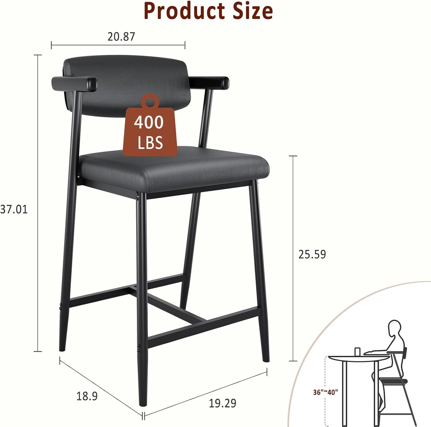 IDEALHOUSE Counter Height Bar Stools Set of 8, 26" Metal Barstools Set with Armrest & Footrest, Bar Chairs with Long Back &Thickened Wide Soft Seat for Kitchen Island, Counter Height Bar, Rustic Black