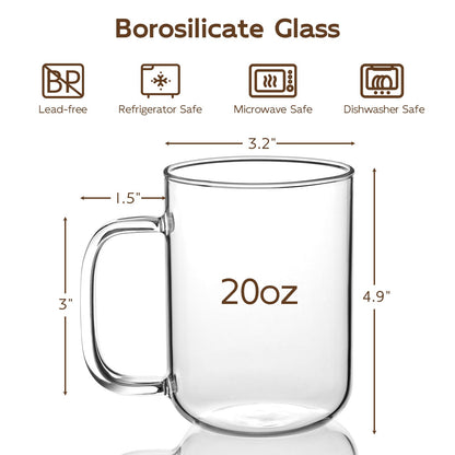 BWODYAY Glass Coffee Mugs, 20 oz Ice Coffee Cups Set of 4, Large Clear Tea Cups, Glass Mugs with Handles for Hot Beverages, Glass Cups for Latte, Cappuccino, and Tea