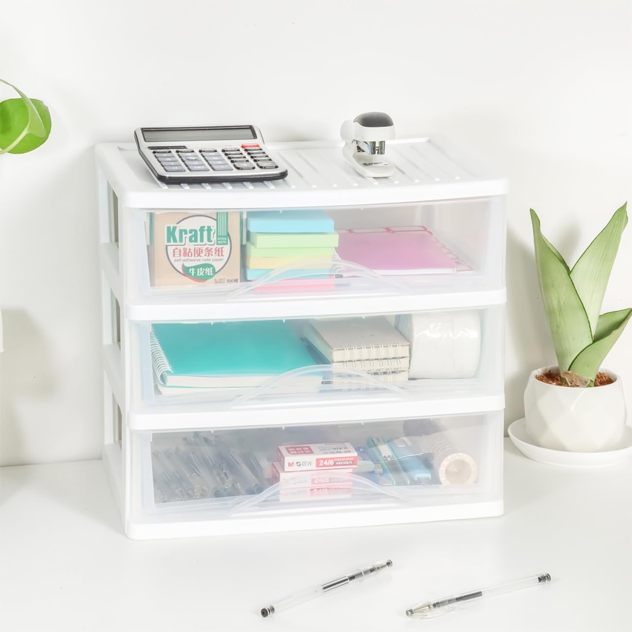 BYCY Plastic Stackable Storage with 3 Drawers, White Makeup Organizer for Bathroom, Desk, and Easy Assembly