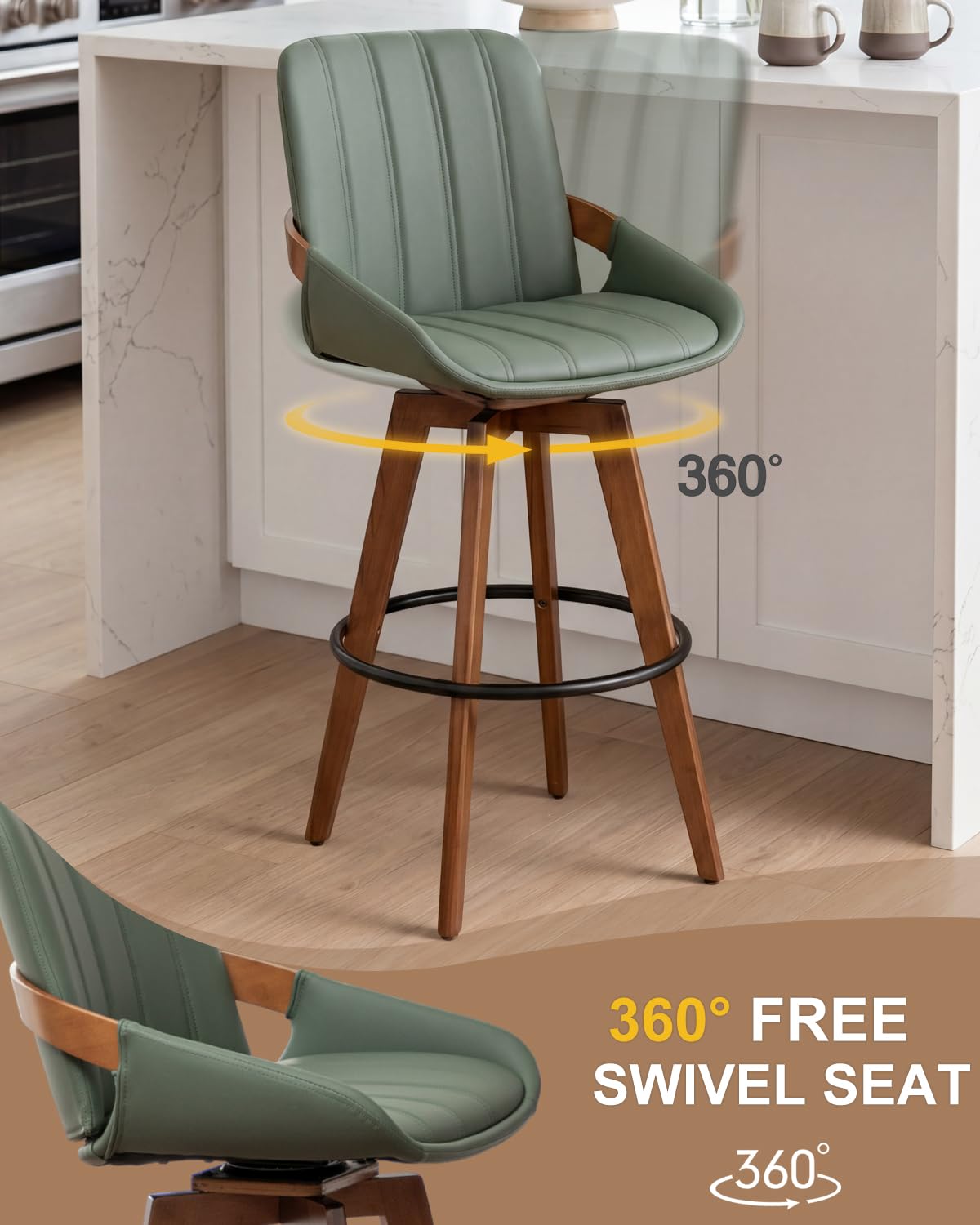 AQG Green Bar Stools 30 Inch Set of 2 Leather Bar Height Stools with Backs, Mid Century Modern Swivel Bar Chairs, Upholstered Barstools Wood Frame for Kitchen Island