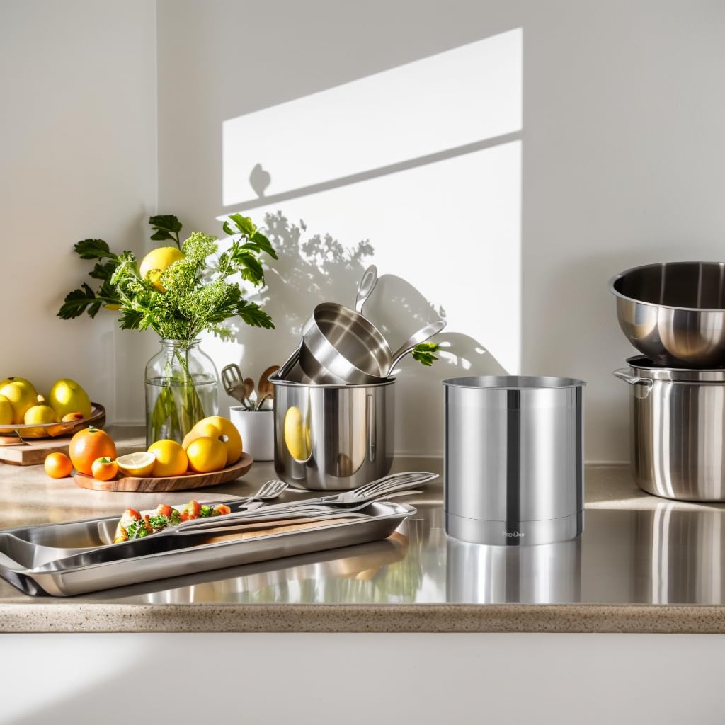 KSENDALO Stainless Steel Utensil Holder 7x7inch Large Utensil Holder for Countertop, Round Utensil Caddy for Spoons, Silverware, and Spatulas for Kitchen, Silver