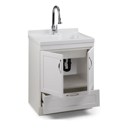 SIMPLIHOME Maile All-in-One 28 inch Wide Utility Sink and Laundry Cabinet in Pure White Finish, Transitional ABS Sink Cabinet for Laundry Rooms or Garage with High-Arch Chrome Faucet and Storage