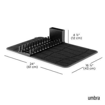 Umbra UDry Dish Drying Rack with Mat – Kitchen Countertop Dish Drainer & Absorbent Microfiber Drying Mat, Foldable Dish Rack Organizer for Plates, Cups & Utensils, Black