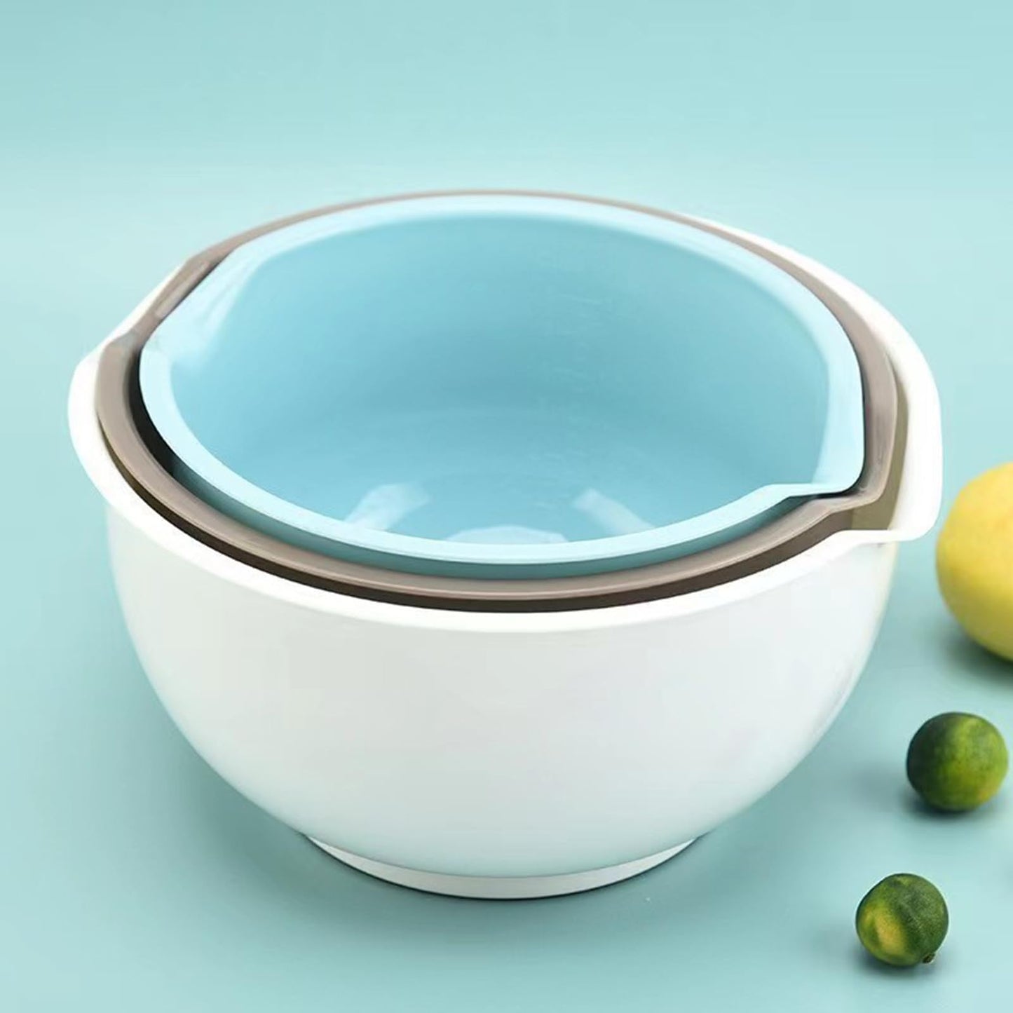 Cheeren Set of 3 Mixing Bowls with Pour Spout-Nesting Design Saves Space - Non-Slip, BPA Free, Dishwasher Safe Plastic - Kitchen Cooking and Baking Supplies (Blue Grey white)