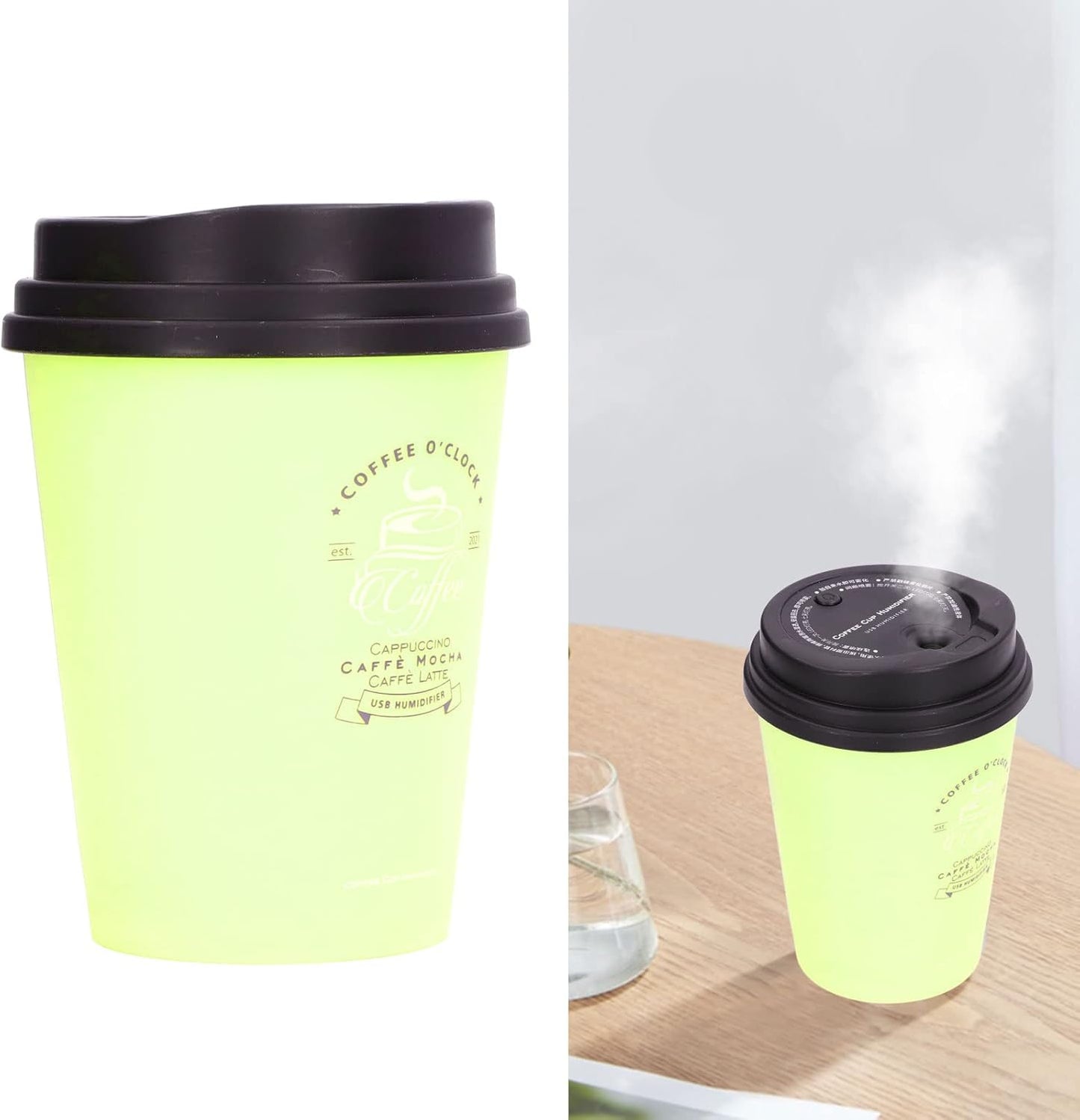USB Humidifier Mini Desktop 300ml Car Humidifier Coffee Cup Shape for Home Outing (Green)