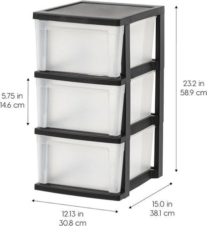 IRIS USA Plastic Drawer Organizer - 3-Drawer Storage Solution for Art Supplies | Black/Clear, 2-Pack