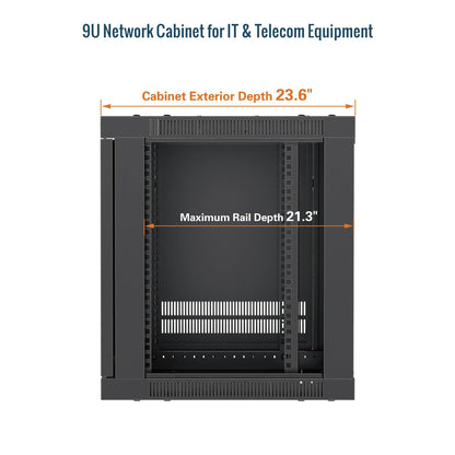 Tecmojo 9U Wall Mount Rack Cabinet, Heavy-Duty 176 Lbs High Load Capacity, 19” Enclosed Server Network Rack with 2 Colling Fans,Glass Door, 23.6” Deep – Elite Collection