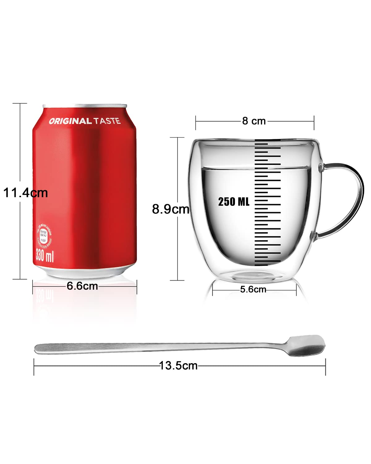 LIBWYS 4 Pack 250ml Double Walled Glass Coffee Mugs with 4 Spoons, Cappuccino Latte Tea Cups with Handle, Heat Resistant Drinking Glasses