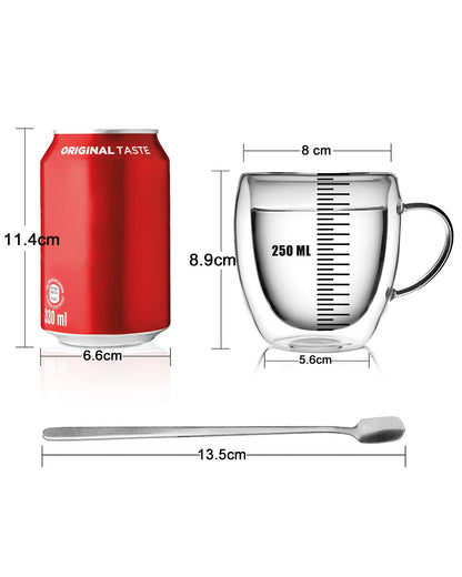 LIBWYS 4 Pack 250ml Double Walled Glass Coffee Mugs with 4 Spoons, Cappuccino Latte Tea Cups with Handle, Heat Resistant Drinking Glasses