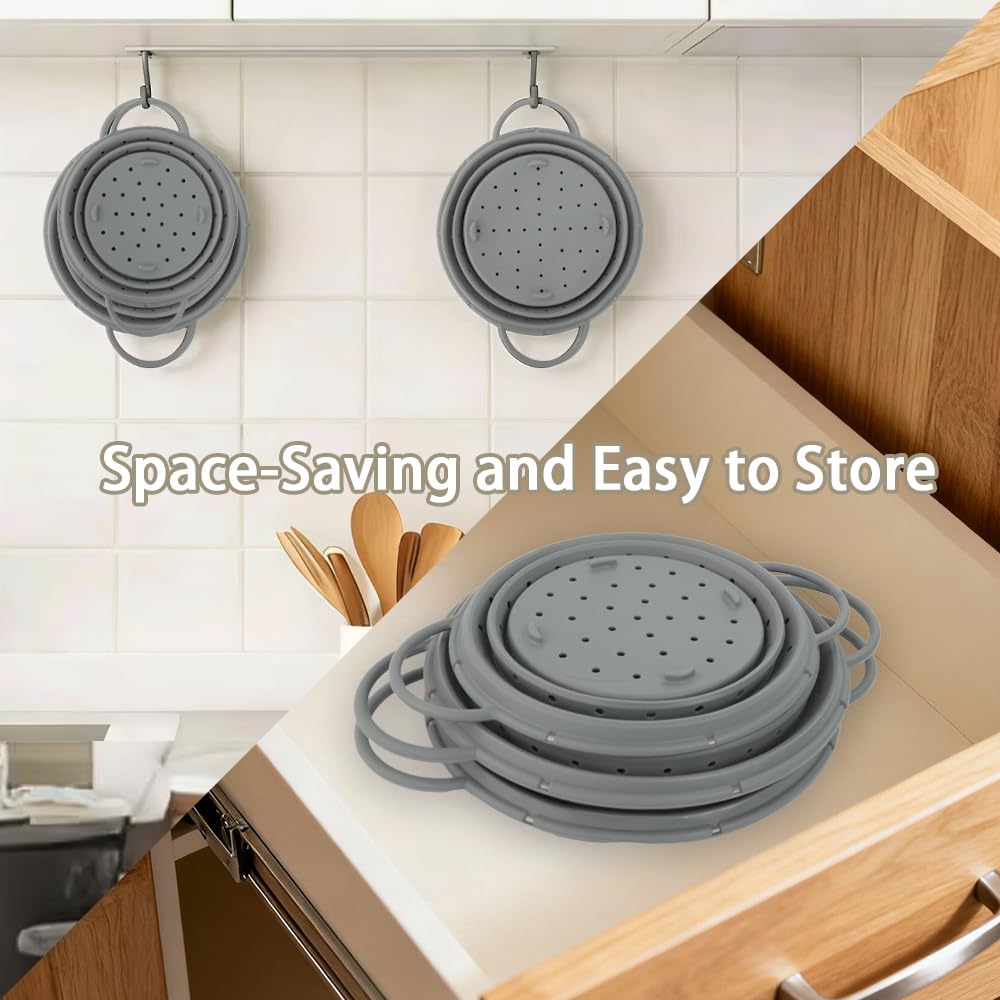 CEYAZYE 3 Pack Collapsible Colander Set, 11&13 Silicone Strainer for Kitchen, Space-Saving Heat-Resistant Fast Draining Basket with Non-Slip Base & Handles, Food Strainer for Pasta, Fruit, Vegetables