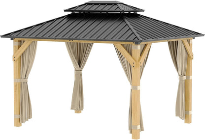12' × 10' Hardtop Wood Gazebo with Double Galvanized Steel Roofm, Upgrade Wooden Frame with Nettings & Curtains for Backyard, Patio, Garden, All-Weather Khaki Outdoor Pavilion (4 Packages Shipped)