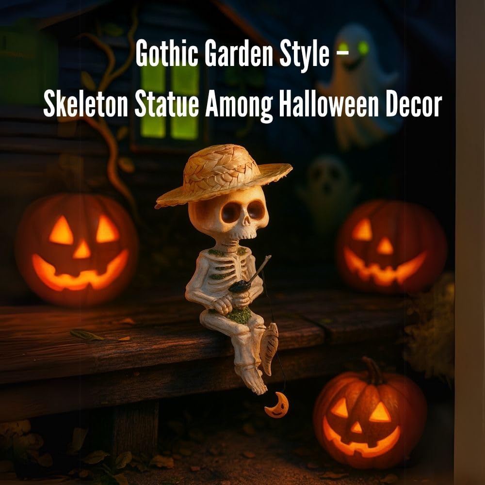 BILICAM Mini Skeleton Fishing Figurine – 4.5” Gothic Summerween Decor for Outdoor Pond, Halloween Poolside Table, or Spooky Cocktail Cup | Cute Skull Statue for Goth Garden & Halloween Party Display