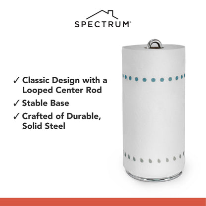 Spectrum Chrome Paper Towel Holder Countertop Kitchen Organizer, Easy Tear Modern Freestanding Kitchen Hand Towel Roll Stands Vertical for Standard and Large Paper Towel Rolls with Durable Steel Base