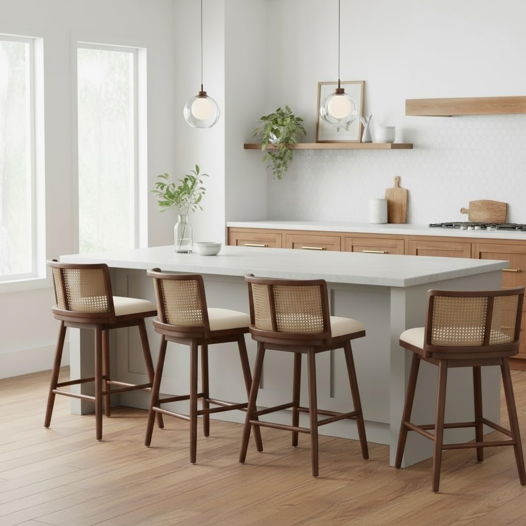 Christopher Knight Home Lious Counter Height Bar Stools Set of 4, Fabric Upholstered Bar Stool for Kitchen Island, Rubberwood Counter Stools with Woven Rattan Backrest, Beige + Dark Walnut