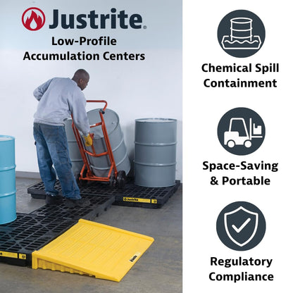 Justrite Low Profile 1 Drum Spill Containment Pallet Accumulation Center - 5.5" Tall - 12 Gal Capacity for 55 Gallon Drum Containment - Made in The USA from 30% Recycled Polyethylene - Yellow - 28652