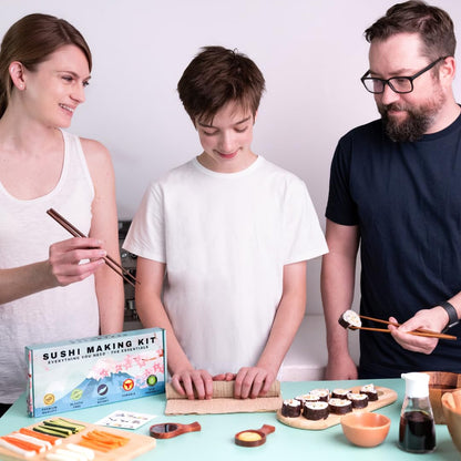 HEKAMOVE No Plastic Premium Sushi Making Kit for Home, for Beginners or Pro Sushi makers. Made of Premium Wood, includes Tea Cloth, Planet-Friendly - the Best Gift and DIY Home Sushi Kit Experience