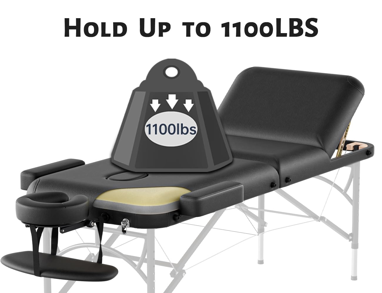 DOVANS Professional Massage Table Portable 3 Fold Premium Memory Foam Aluminium Leg Hold Up to 1100LBS 8 Heights Adjustable with Carrying Bag Black