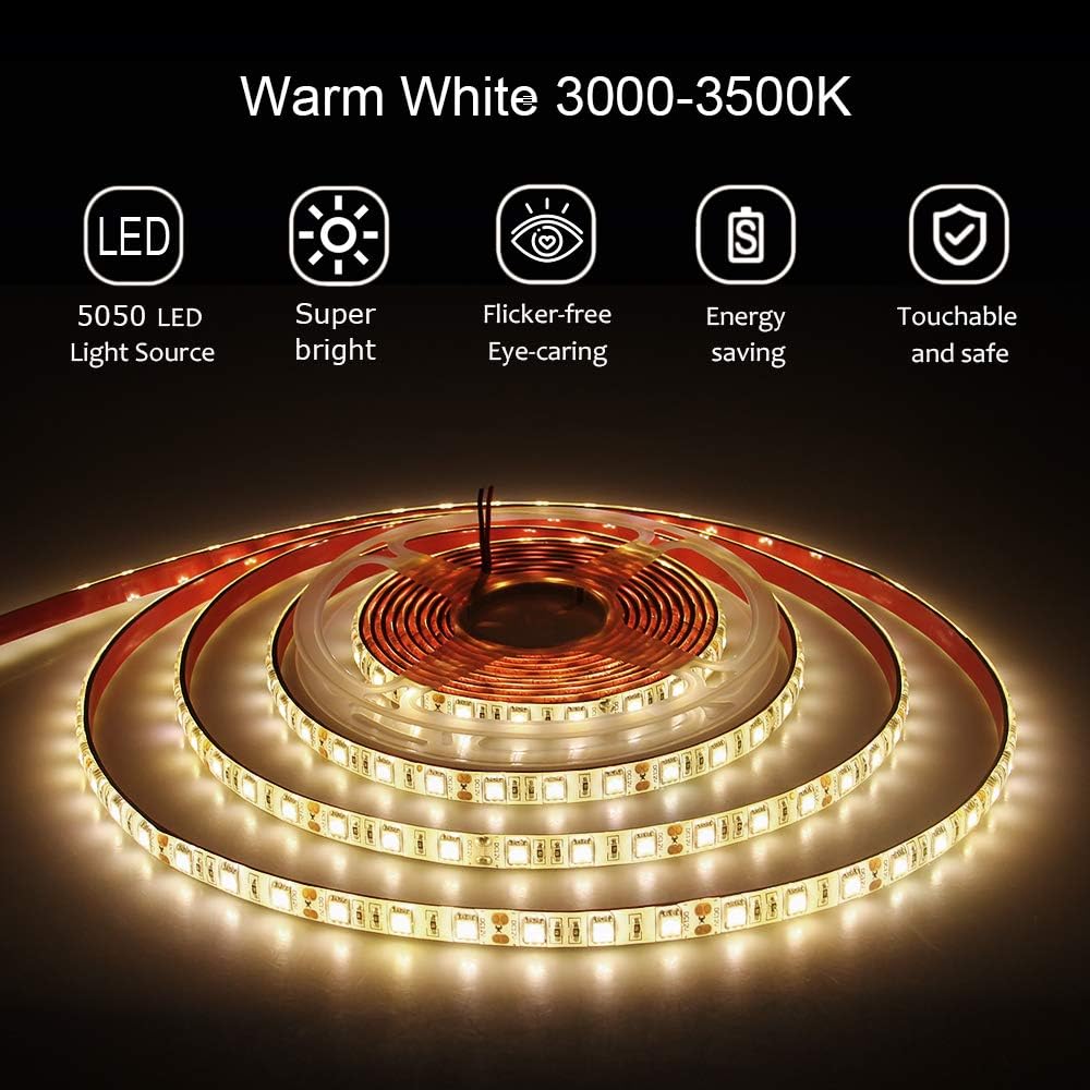 16.4ft 3500K 5050 5M 300 IP65 12V Commercial ALITOVE Warm White SMD LED Flexible Strip Ribbon Light LEDs Waterproof DC
