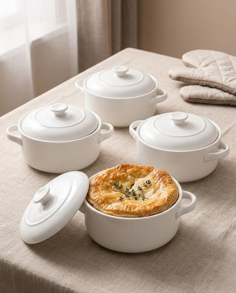 DELLING 28 Oz Soup Bowls with Handles and Lids Set of 4, Ceramic French Onion Soup Crocks Oven Safe - Large Soup Mugs for Chili Beef Stew Cereal Pot Pie, Microwave Safe, White