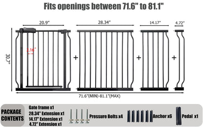 Heavy Duty Baby & Pet Safety Gate - Extra Wide 76.4-81.1 Inch, Black Metal, Pressure Mounted, Walk-Through