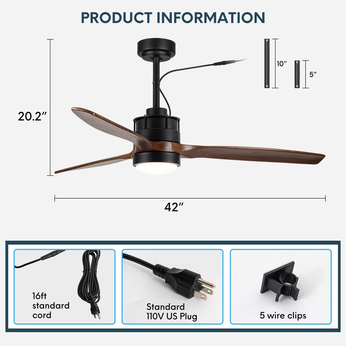 EKIZNSN 42'' Outdoor Ceiling Fans Waterproof with Light for Patios/Gazebo/Pergola, 16-feet Extension Cord Included