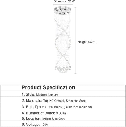 7PM Chandelier for Staircase, Crystal Foyer Chandelier High Ceiling, Modern Raindrop Chandeliers Flush Mount Ceiling Light Fixture for Spiral Staircase, Foyer, Entryway, High Ceiling W25.6 X H 98.4"