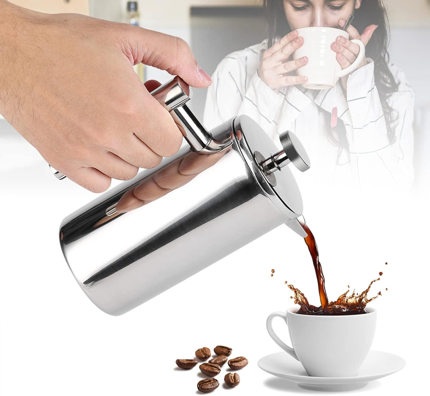 Acouto 350ml Double Wall Stainless Steel Coffee Maker, French Press Tea Pot with Filter