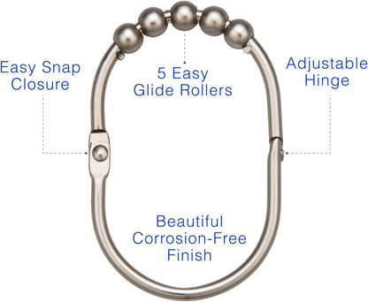 2LB Depot Wide Shower Curtain Rings/Hooks Set, 12 Rings, Decorative Brushed Satin Nickel Finish, Rustproof