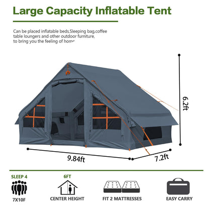 Inflatable Camping Tent with Pump, 4 Person Glamping Tents Sun Shelter, Easy Setup Waterproof Outdoor Oxford Tents, Self-Supporting Structure Inflatable House Tent