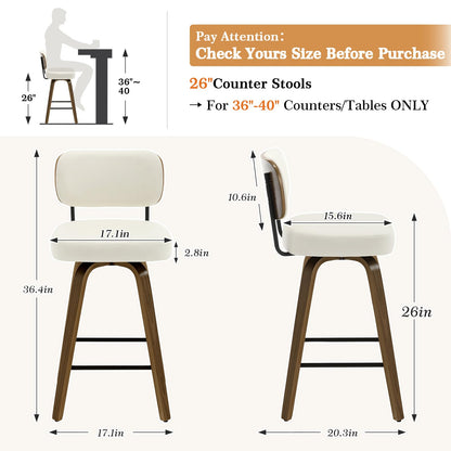 Bekrvio Swivel Counter Height Bar Stools Set of 4, 26" Upholstered Faux Leather Barstools with Back and Bent Wood Legs, Mid Century Modern Bar Chair Island Stool for Kitchen Counter, Cream White