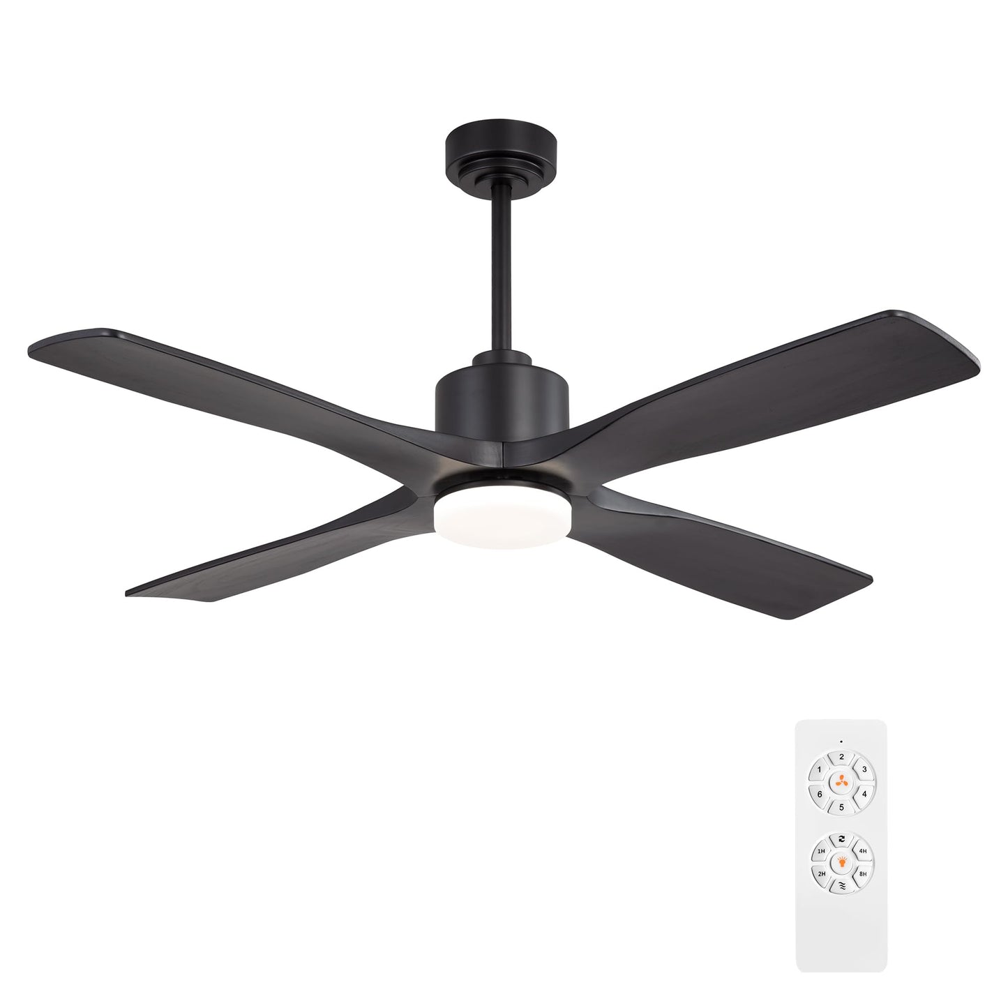 WINGBO 54 Inch DC Ceiling Fan with Lights and Remote Control, 4 Carved Solid Wood Blades, 6-Speed Noiseless Reversible DC Motor, Modern Ceiling Fan in Matte Black Finish with Black Blades