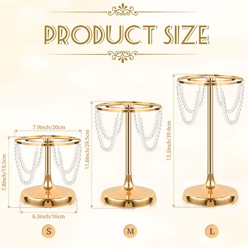 kolnlala Set of 6 Gold Round Pearl Cake Stand, Dessert Table Metal Cake Display Stand Set with Pearl Pendant Wedding Birthday Cake Base Stand for Wedding Anniversary Birthday Party Celebration