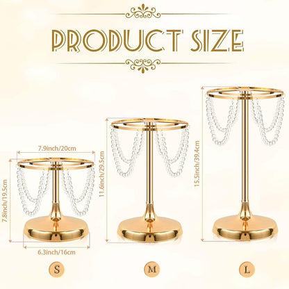 kolnlala Set of 6 Gold Round Pearl Cake Stand, Dessert Table Metal Cake Display Stand Set with Pearl Pendant Wedding Birthday Cake Base Stand for Wedding Anniversary Birthday Party Celebration